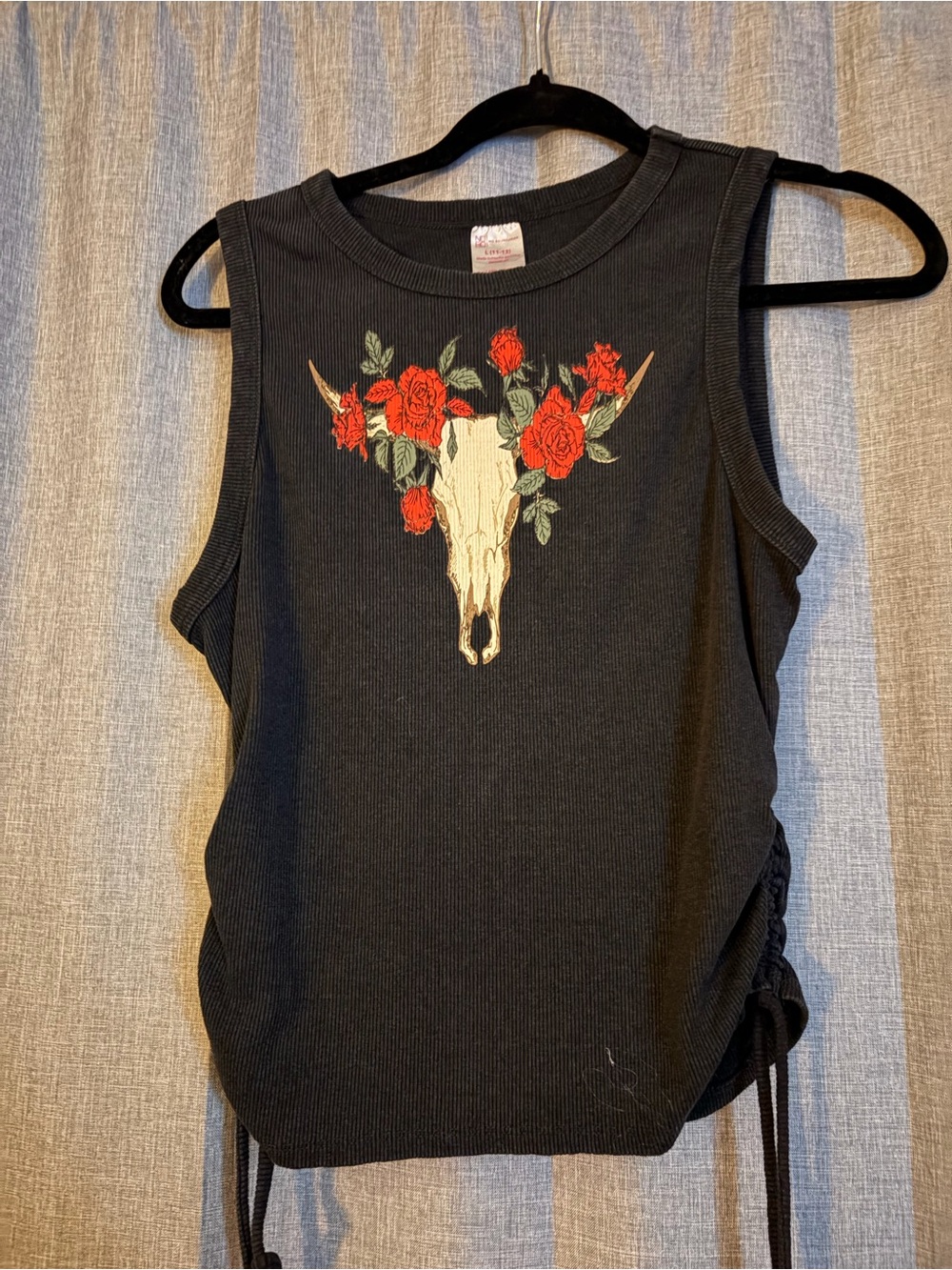 No Boundaries Black Ribbed Tank Top with Floral Skull Graphic
